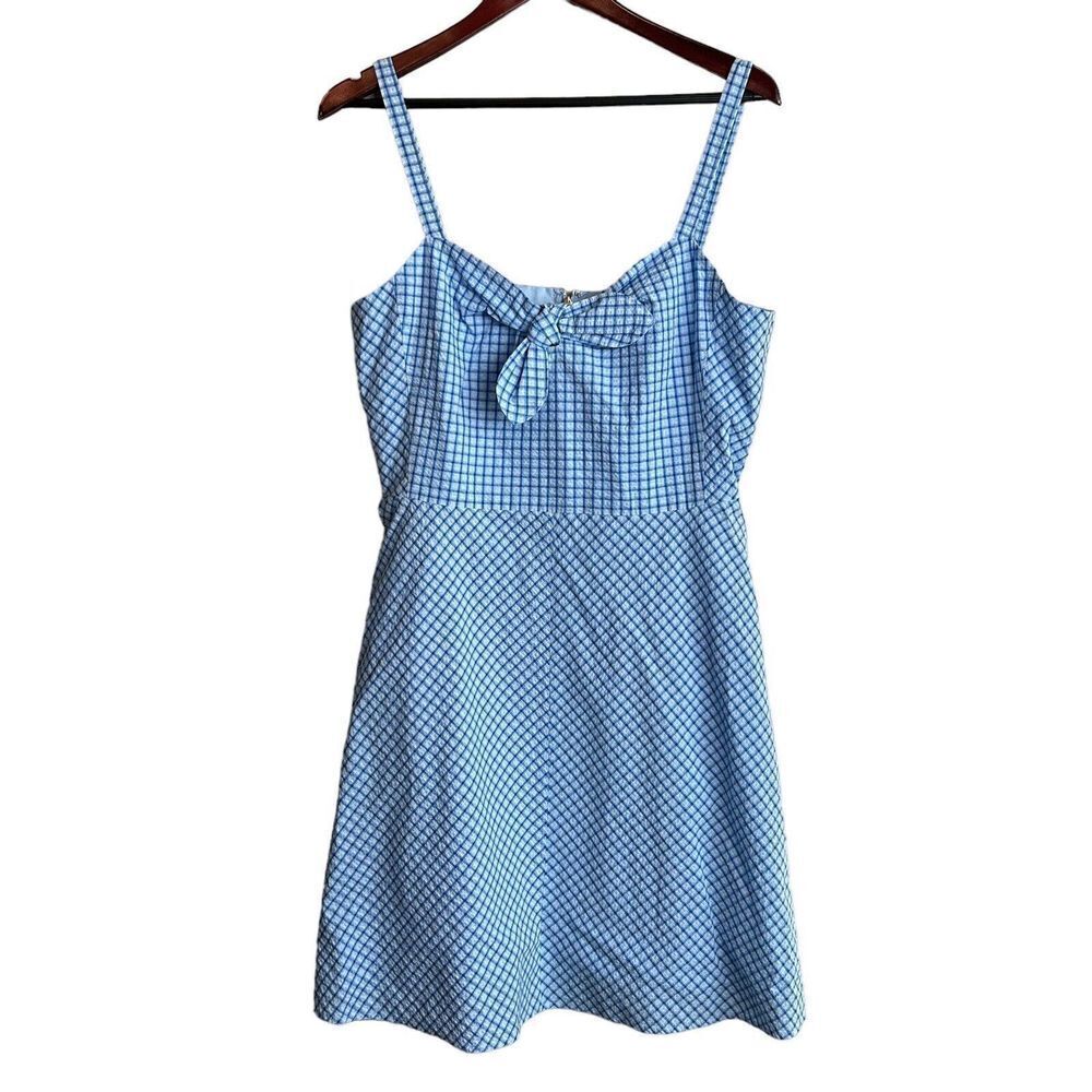 DRAPER JAMES Dress Womens Size 12 Seer Sucker Blue White Gingham Bow Front NWT